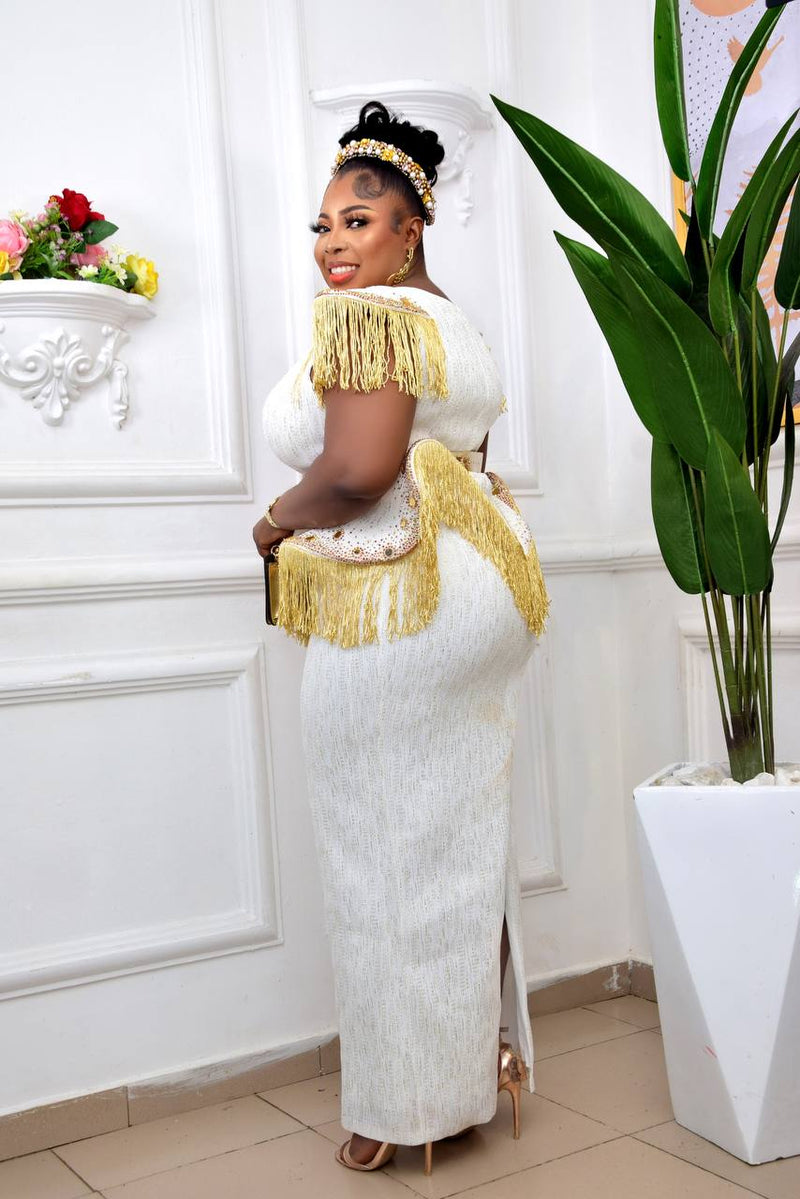 White Feather Dress with Gold Tassels & Embellishments