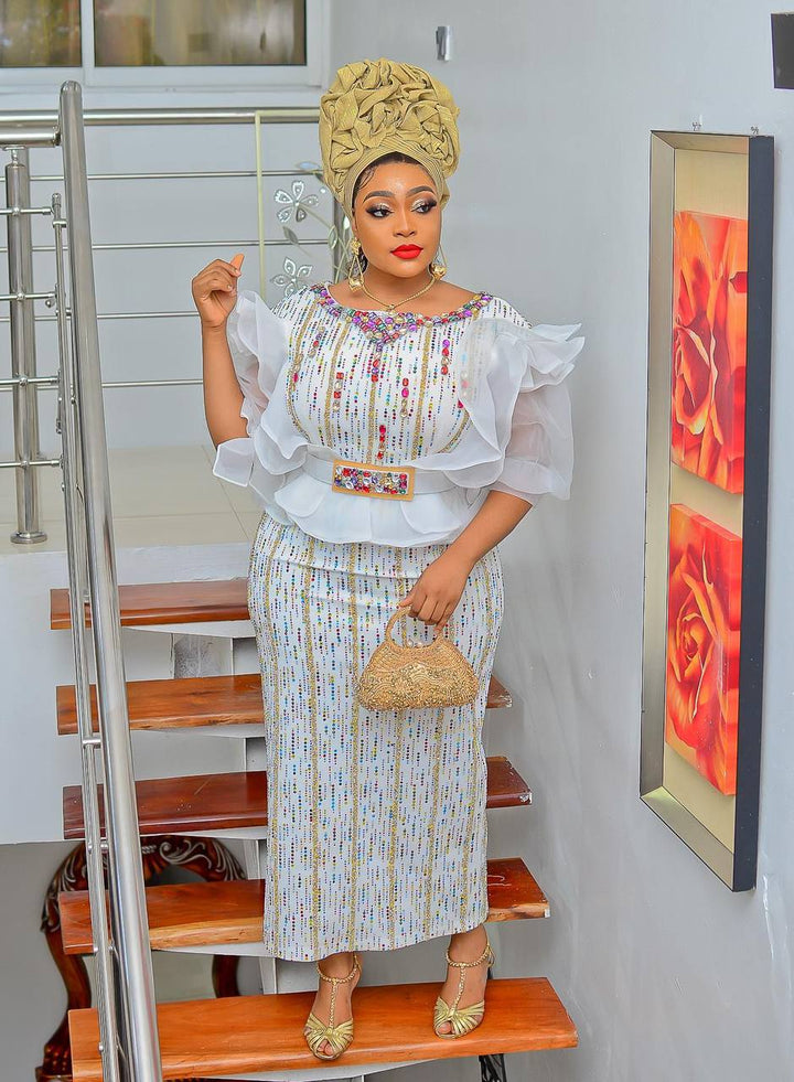 White Peplum Dress with Poufee Sleeves & Colored Stones