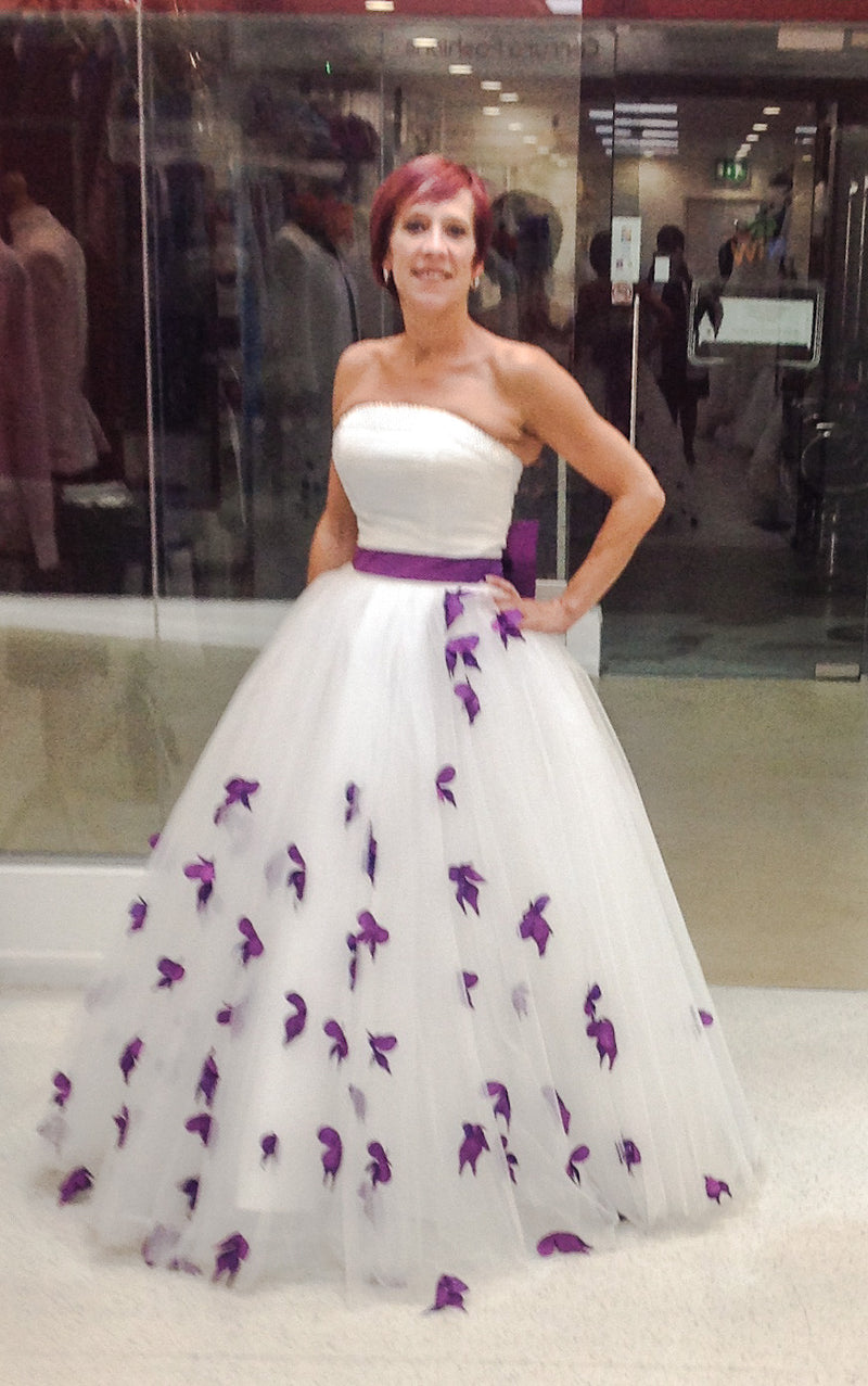 Strapless Princess Ball Gown Wedding Dress with Purple Flower Petals - Cerrura Fashions