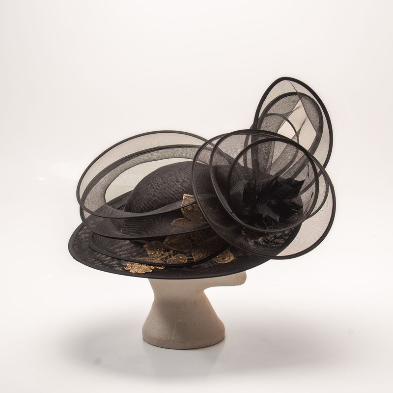 Black Hat with Circular Design & Gold Embroidery