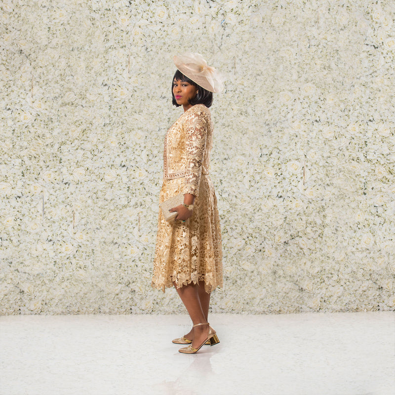 Elegant Gold Lace Dress with Sheer Lace Jacket Cerrura Fashions