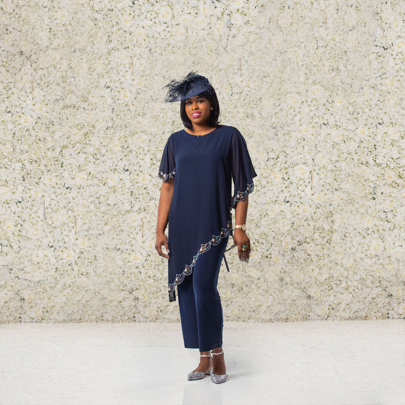 Navy Flowing Trousers Suit With Diamante Design
