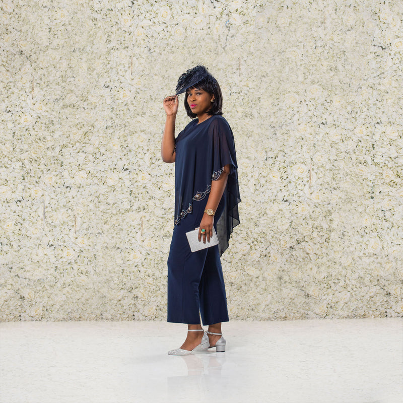 Navy Flowing Trousers Suit With Diamante Design