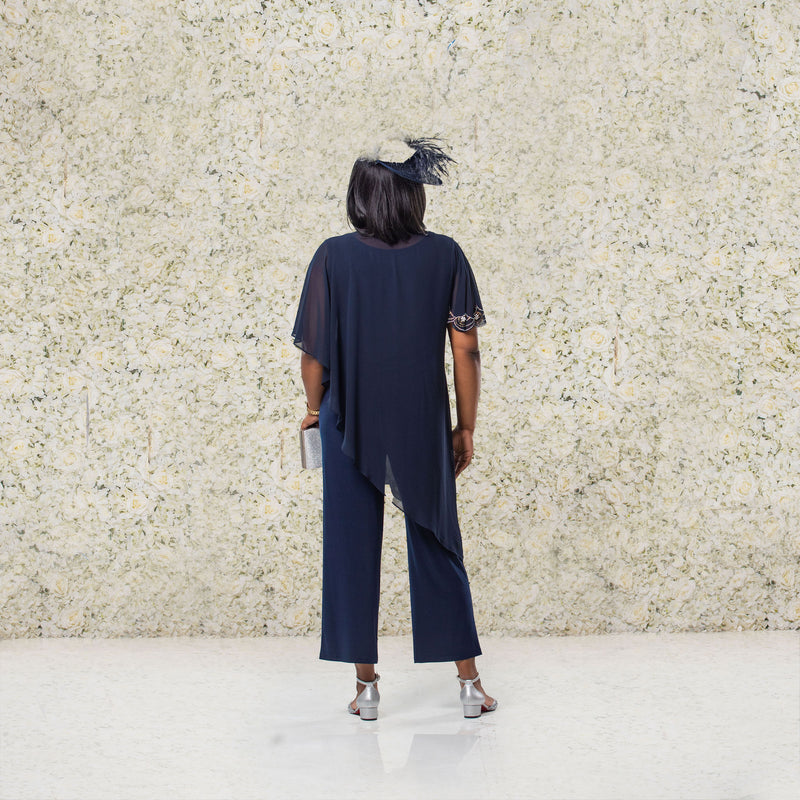 Navy Flowing Trousers Suit With Diamante Design