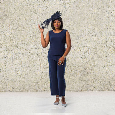 Navy Flowing Trousers Suit With Diamante Design