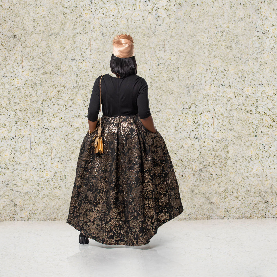 Black and Gold High-Low Jacquard Fit & Flare Dress with Box Pleats
