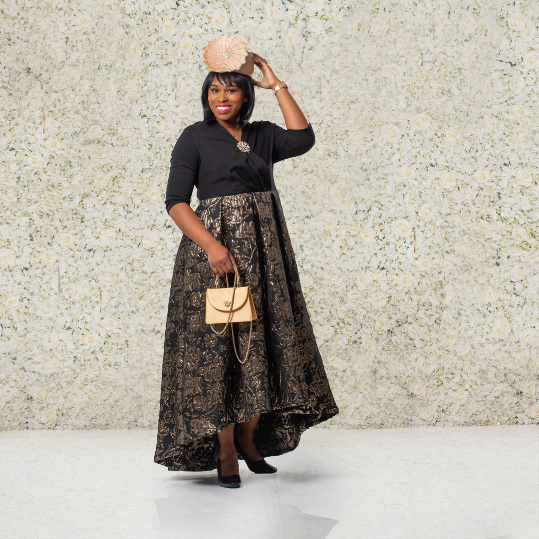 Black and Gold High-Low Jacquard Fit & Flare Dress with Box Pleats