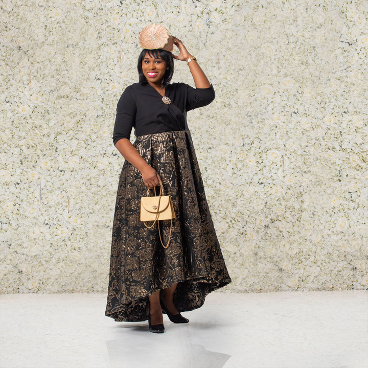 Black and Gold High-Low Jacquard Fit & Flare Dress with Box Pleats