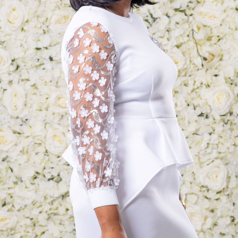 White Peplum Dress with Petal Sleeves