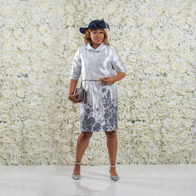 Silver Floral Mother of the Bride Dress With Cape