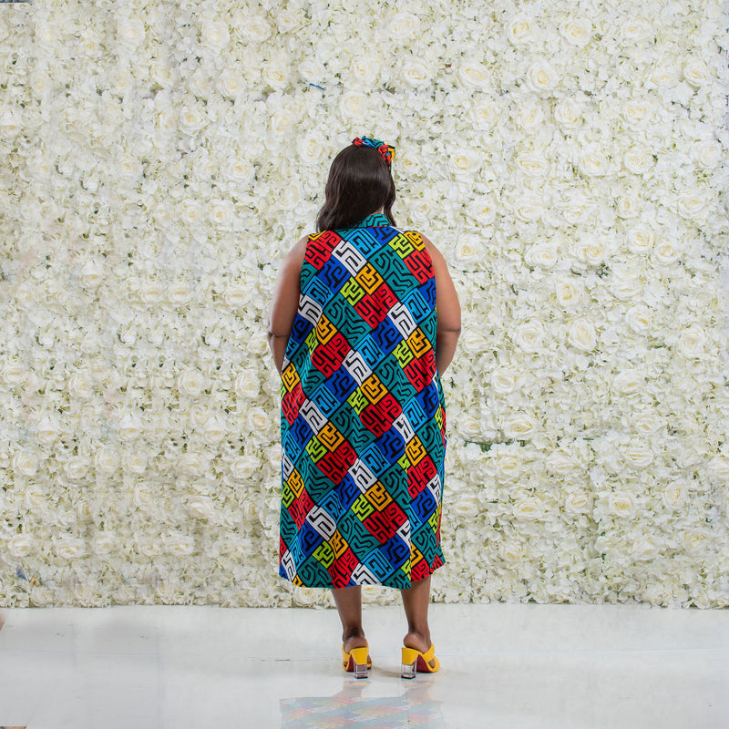Blue Multi Zip African Print Dress
