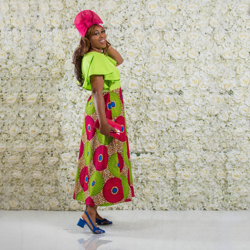 Green and Pink African Print Flared Dress