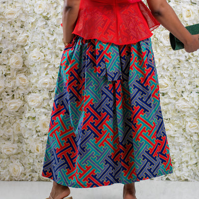 Turquoise Multi Long African Print Skirt