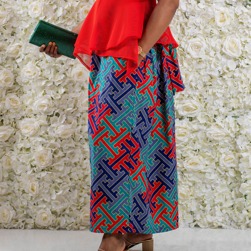 Turquoise Multi Long African Print Skirt