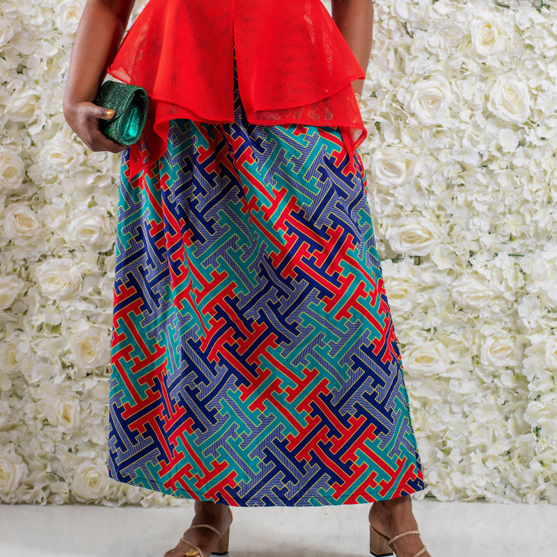 Turquoise Multi Long African Print Skirt