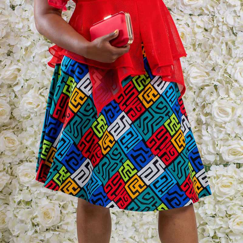 Blue Multi Knee Length African Print Skirt