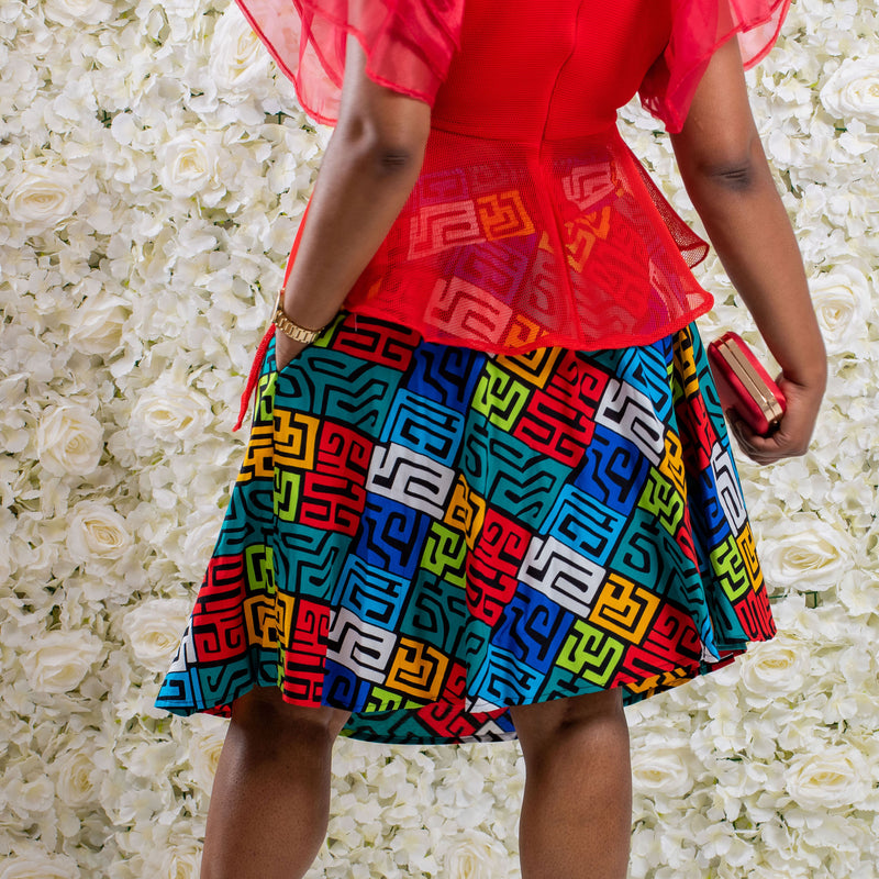 Blue Multi Knee Length African Print Skirt