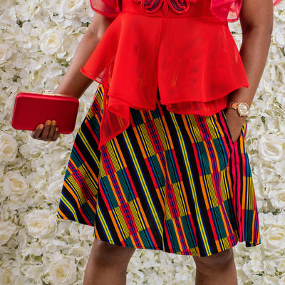 Red Multi Knee Length African Print Skirt