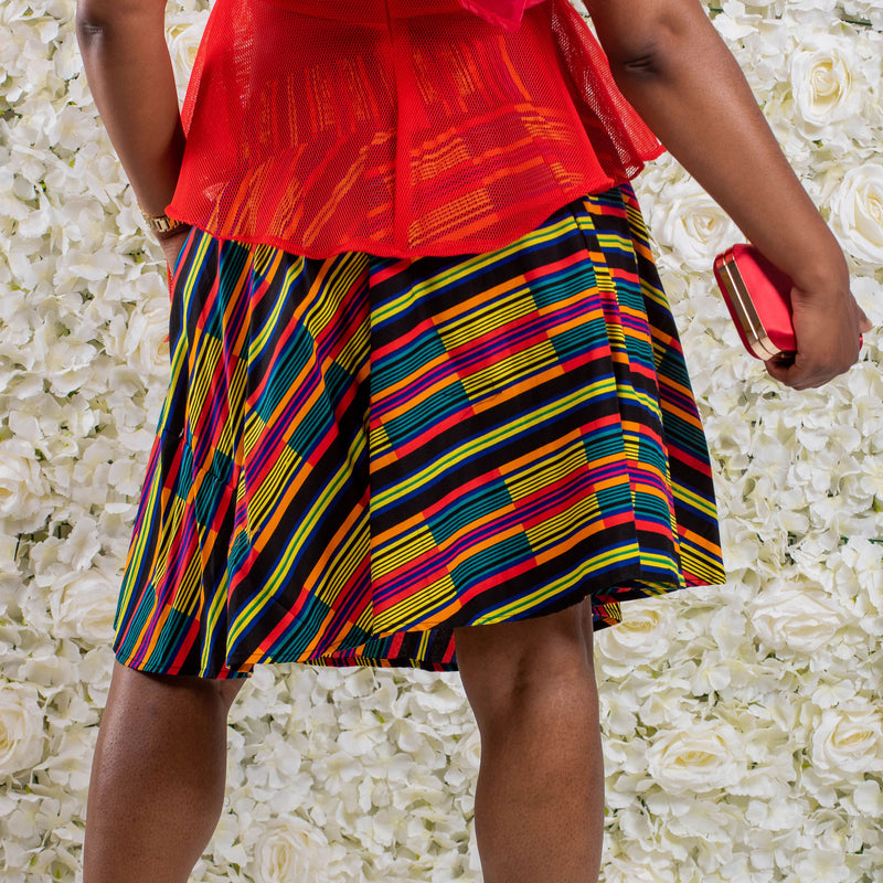 Red Multi Knee Length African Print Skirt