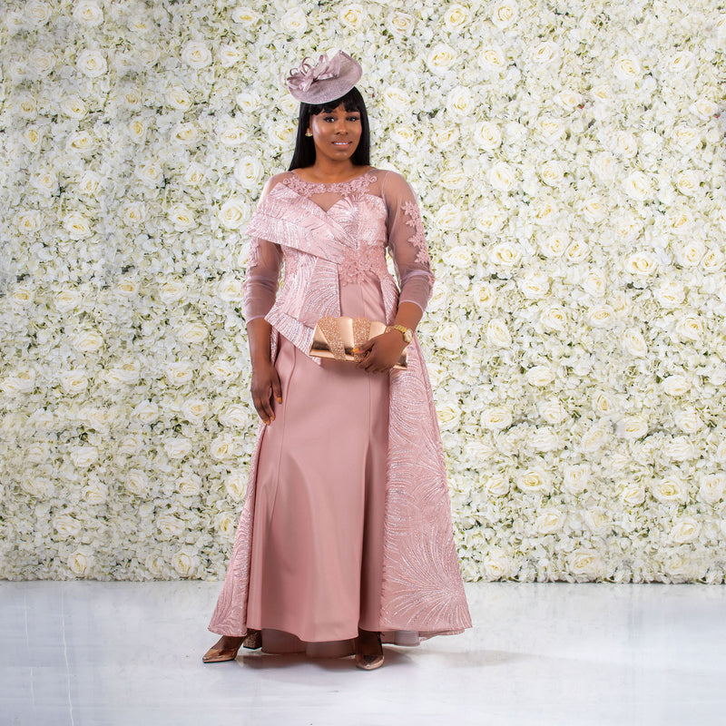 Lilac Pink Fishtail Maxi Dress With Satin and Brocade Details