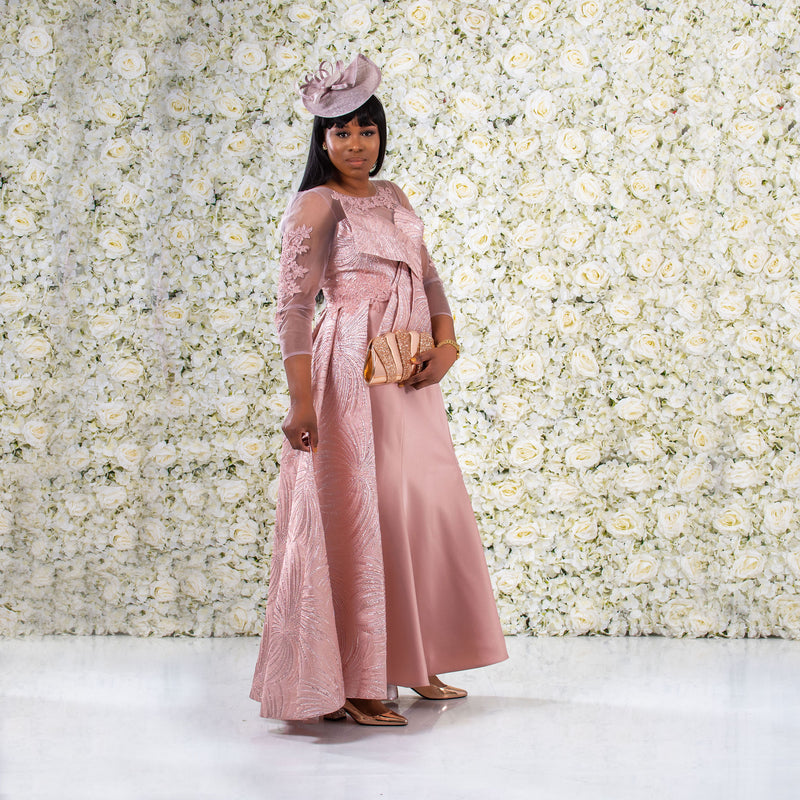 Lilac Pink Fishtail Maxi Dress With Satin and Brocade Details