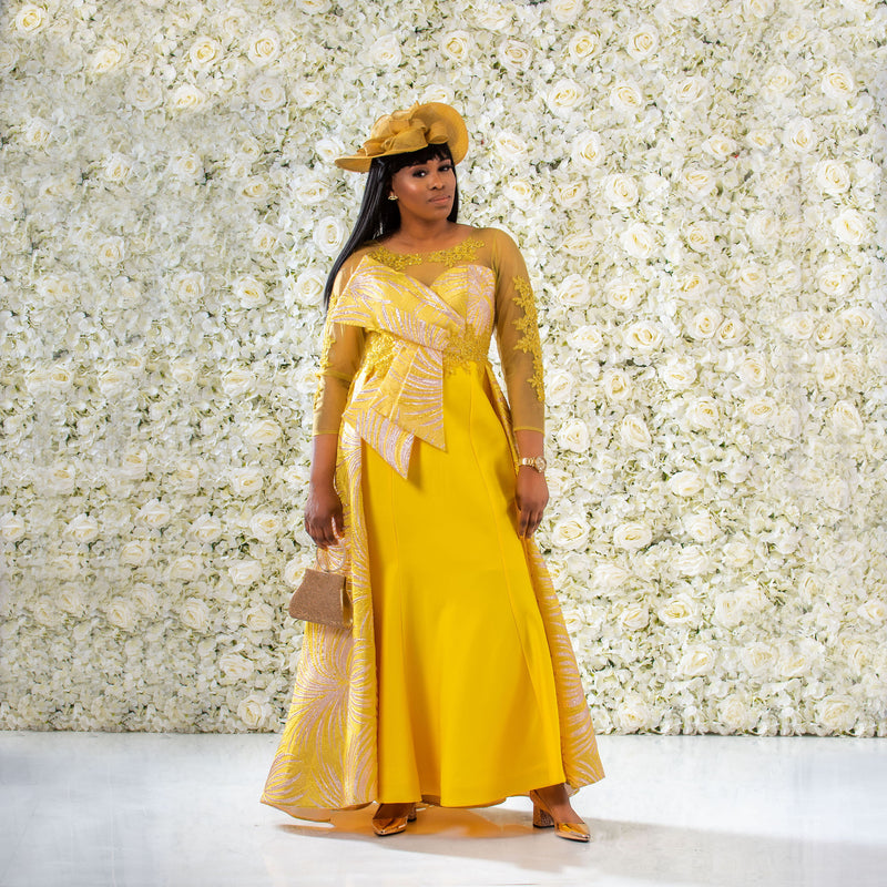 Yellow Fishtail Maxi Dress With Satin and Brocade Details