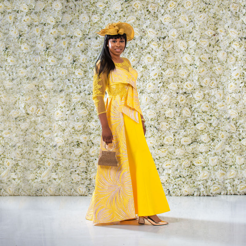Yellow Fishtail Maxi Dress With Satin and Brocade Details
