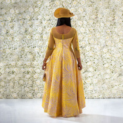Yellow Fishtail Maxi Dress With Satin and Brocade Details