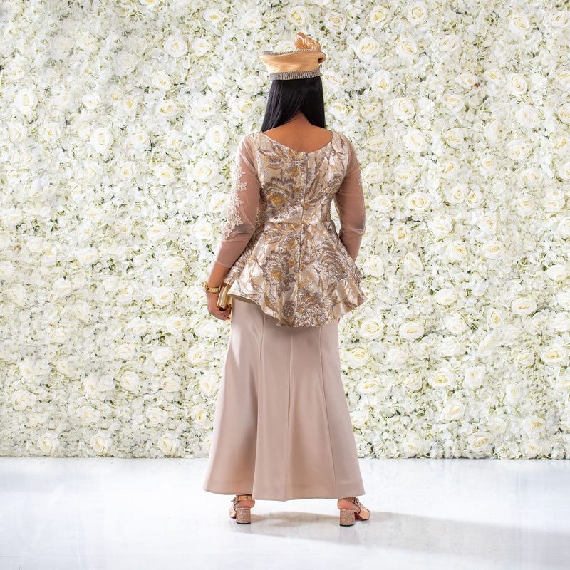 Gold and Brown Fishtail Maxi Dress With Peplum and Lace Sleeves
