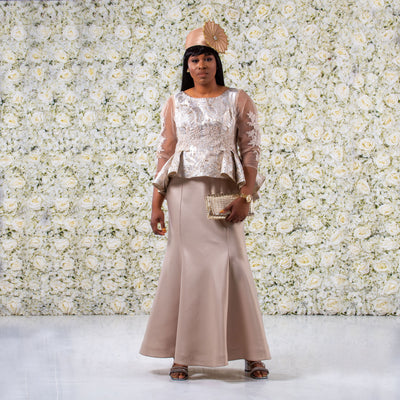Champagne Fishtail Maxi Dress With Peplum and Lace Sleeves