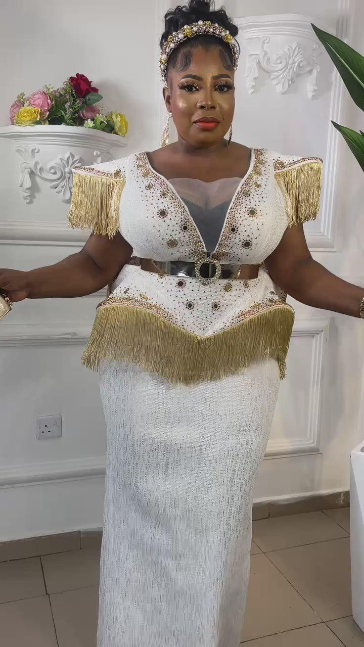 White Feather Dress with Gold Tassels & Embellishments
