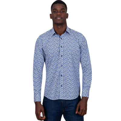 White & Blue Floral Mens Formal Dress Shirt