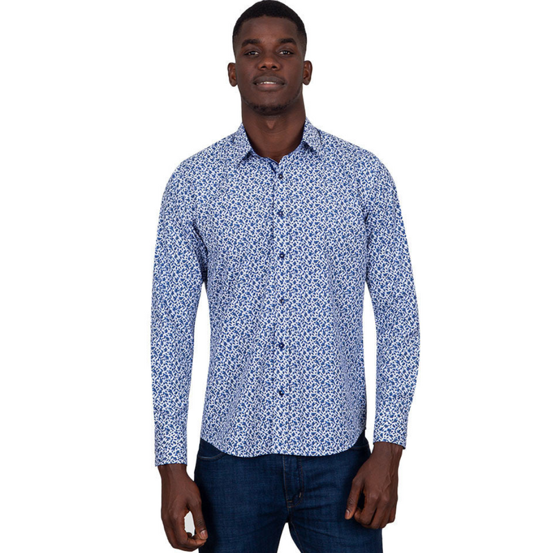 White & Blue Floral Mens Formal Dress Shirt