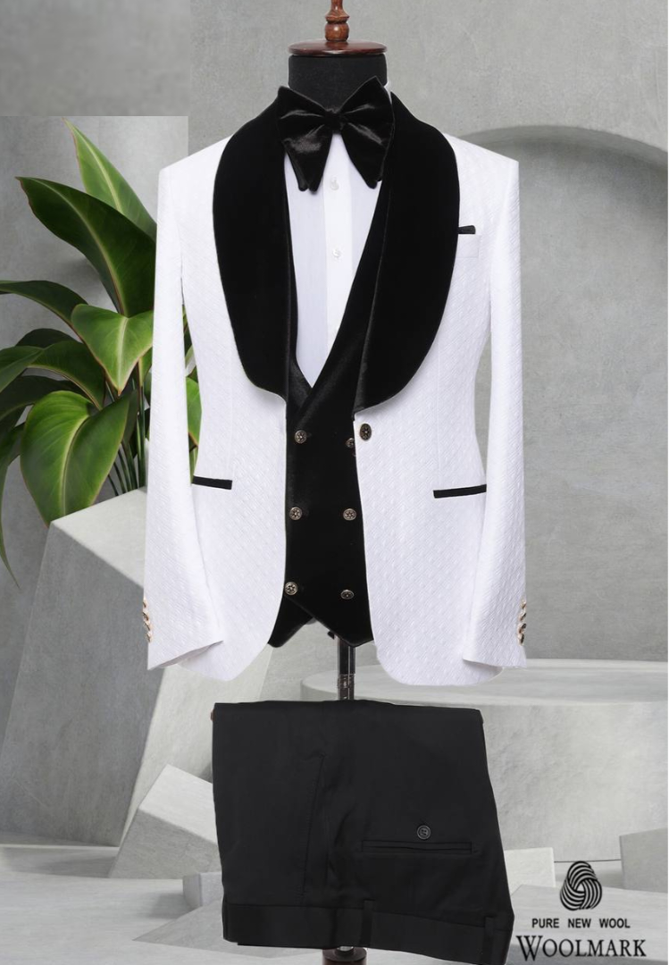 White and Black Mens Dress Suit with Black Lapels