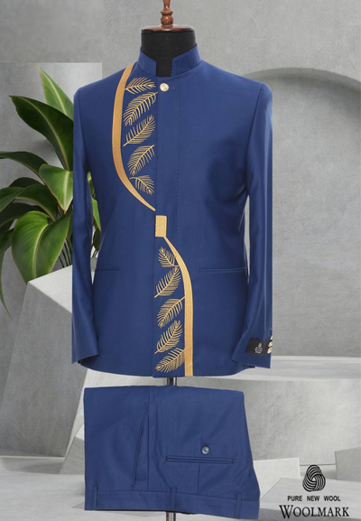 Blue and Gold Mens Dress Suit with Embroidery