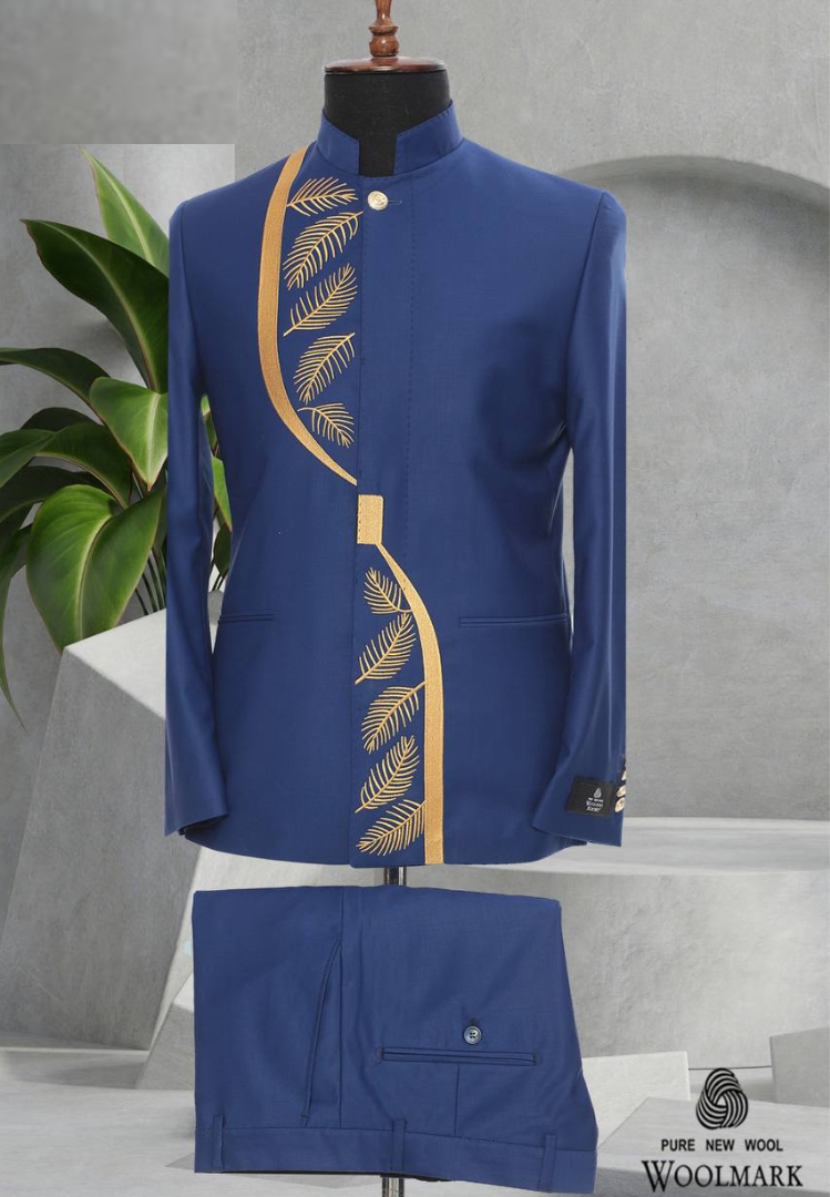 Blue and Gold Mens Dress Suit with Embroidery